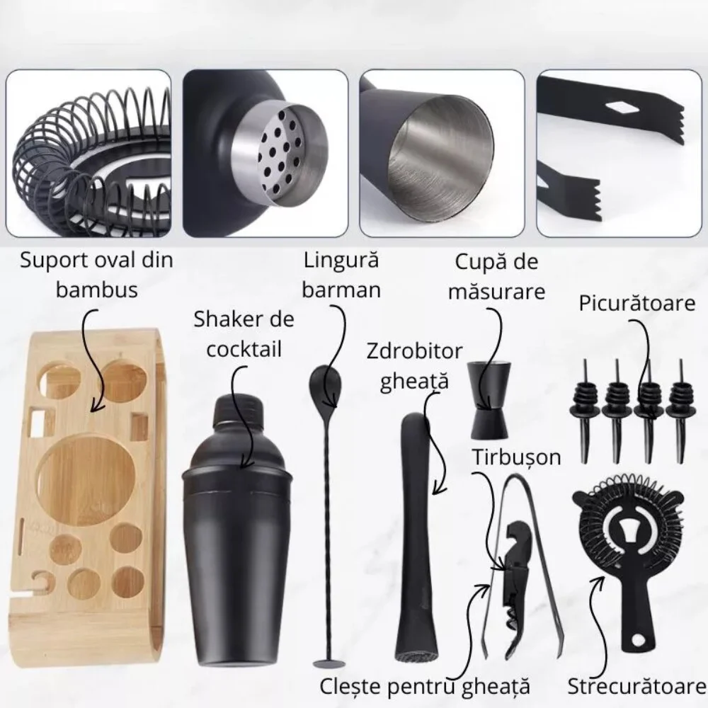 Cocktail Shaker set with 11 accessories | Mixology ajándék készlet 11 kiegészítővel,fekete színben 750ml - Image 4