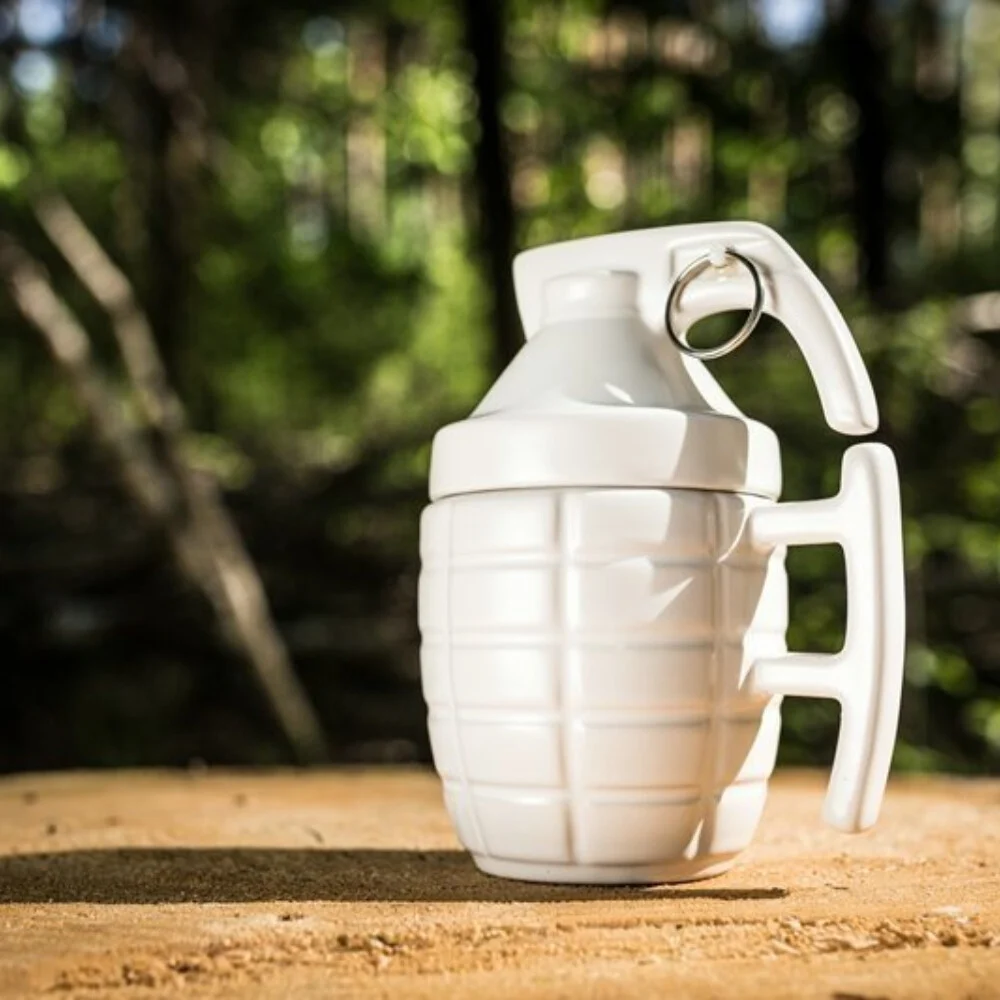 White Grenade Mug with Pin - Image 3