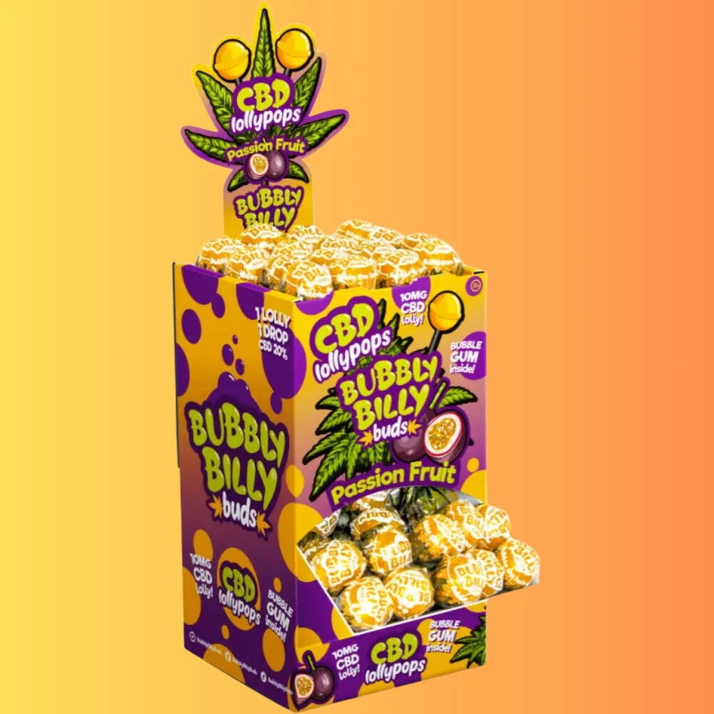 Bubbly Billy Buds Passion Fruit Lollies with Bubblegum Inside I CBD-s Maracujás Nyalókák Rágógumival Belül (10 mg CBD) 1 db