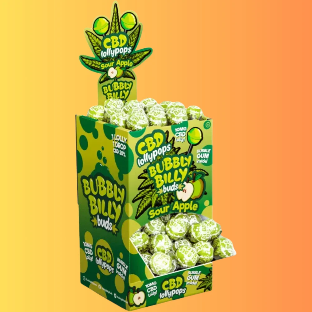 Bubbly Billy Buds Sour Apple Lollies with Bubblegum Inside I CBD-s Savanyú Almás Nyalókák Rágógumival Belül (10 mg CBD) - 1db